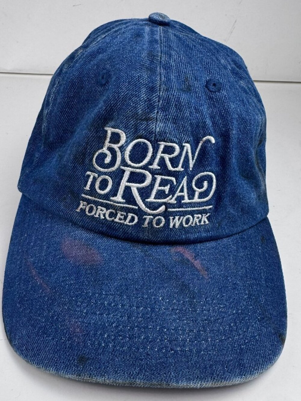 Out of Print Born to Read Forced to Work Denim Baseball Hat Blue Stains Flawed